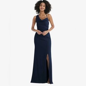 NWOT After Six One Shoulder Draped Cowl Neck Maxi Dress Slit Midnight Blue Sz 8